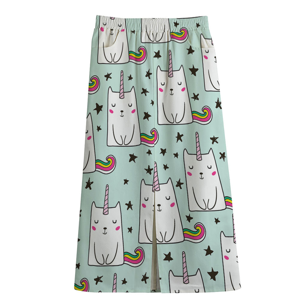 Cute Unicorn Cat Pattern Print Cotton Front Slit Maxi Skirt