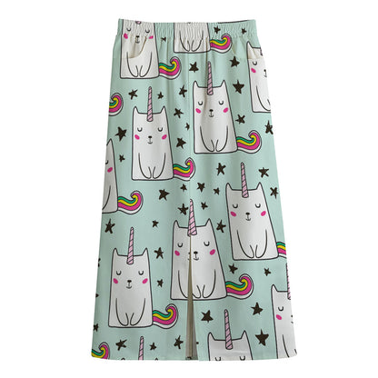 Cute Unicorn Cat Pattern Print Cotton Front Slit Maxi Skirt