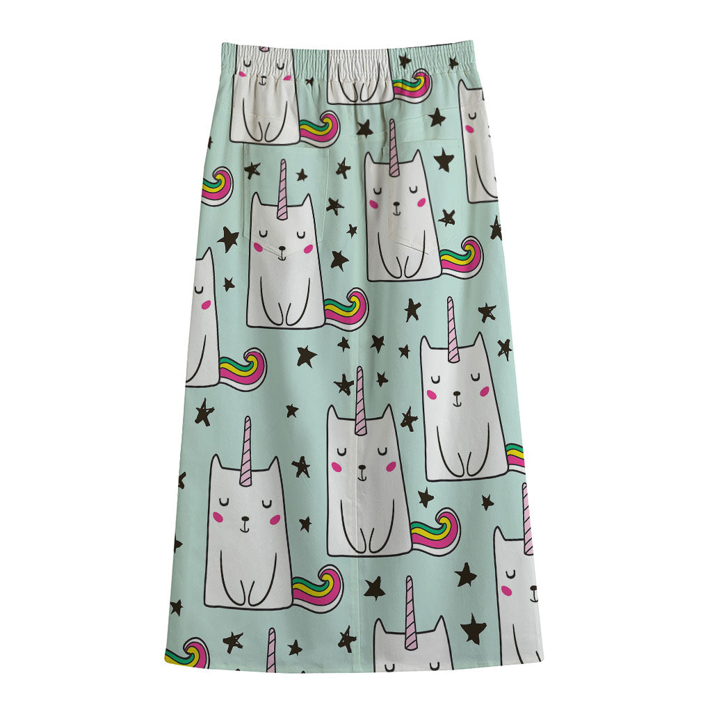 Cute Unicorn Cat Pattern Print Cotton Front Slit Maxi Skirt