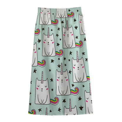Cute Unicorn Cat Pattern Print Cotton Front Slit Maxi Skirt