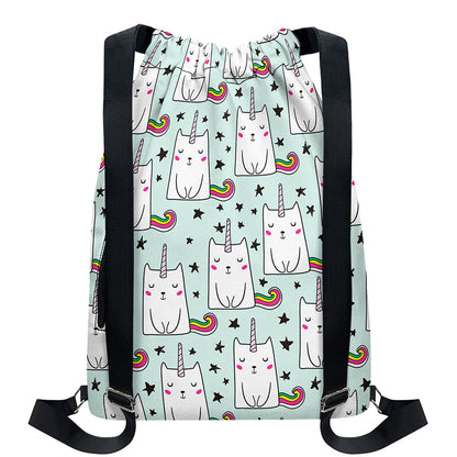 Cute Unicorn Cat Pattern Print Drawstring Backpack
