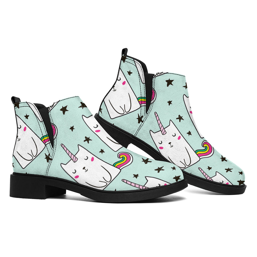 Cute Unicorn Cat Pattern Print Flat Ankle Boots