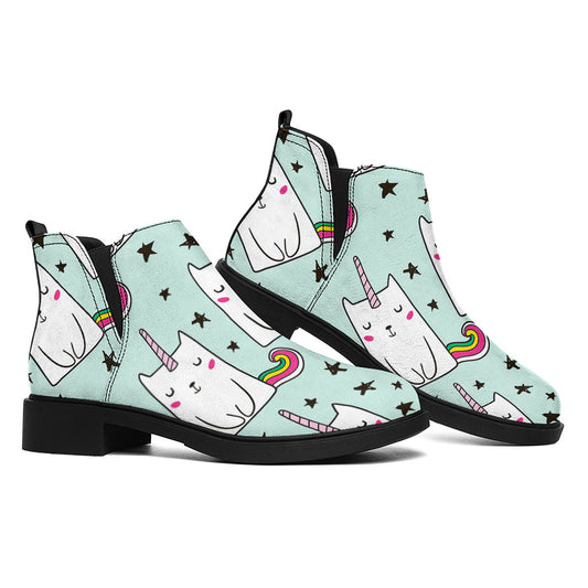 Cute Unicorn Cat Pattern Print Flat Ankle Boots