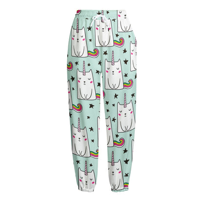 Cute Unicorn Cat Pattern Print Fleece Lined Knit Pants