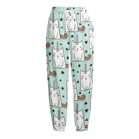 Cute Unicorn Cat Pattern Print Fleece Lined Knit Pants