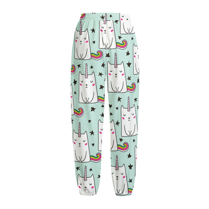 Cute Unicorn Cat Pattern Print Fleece Lined Knit Pants