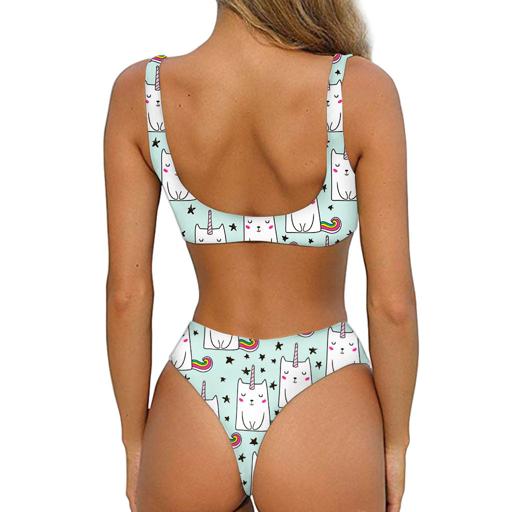 Cute Unicorn Cat Pattern Print Front Bow Tie Bikini