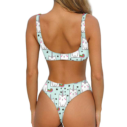 Cute Unicorn Cat Pattern Print Front Bow Tie Bikini