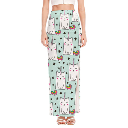Cute Unicorn Cat Pattern Print High Slit Maxi Skirt