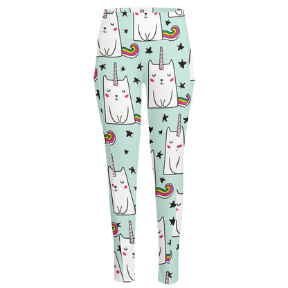 Cute Unicorn Cat Pattern Print High-Waisted Pocket Leggings
