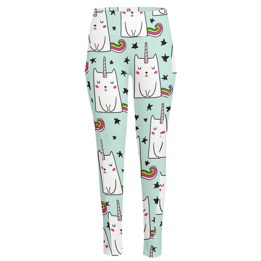 Cute Unicorn Cat Pattern Print High-Waisted Pocket Leggings