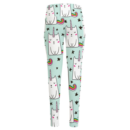 Cute Unicorn Cat Pattern Print High-Waisted Pocket Leggings