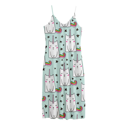 Cute Unicorn Cat Pattern Print Jersey Midi Cami Dress