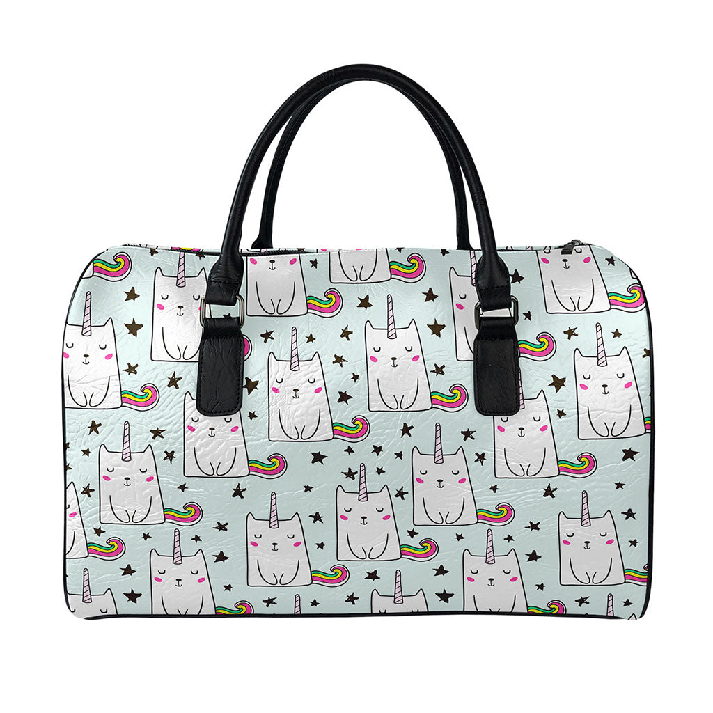 Cute Unicorn Cat Pattern Print Leather Duffle Bag