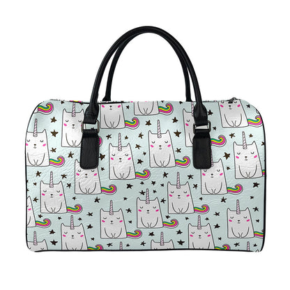 Cute Unicorn Cat Pattern Print Leather Duffle Bag
