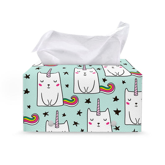 Cute Unicorn Cat Pattern Print Leather Tissue Box Cover