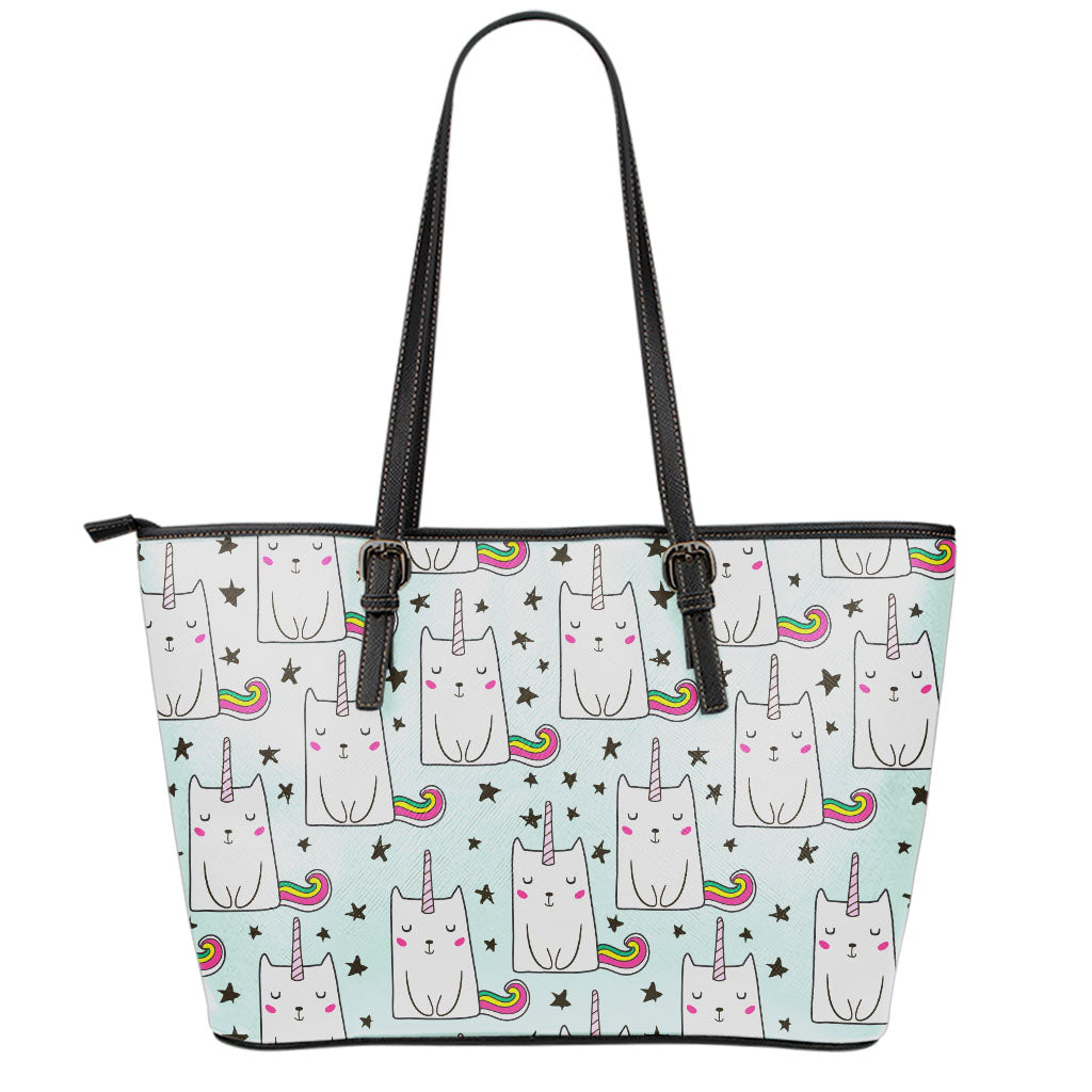 Cute Unicorn Cat Pattern Print Leather Tote Bag