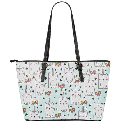 Cute Unicorn Cat Pattern Print Leather Tote Bag