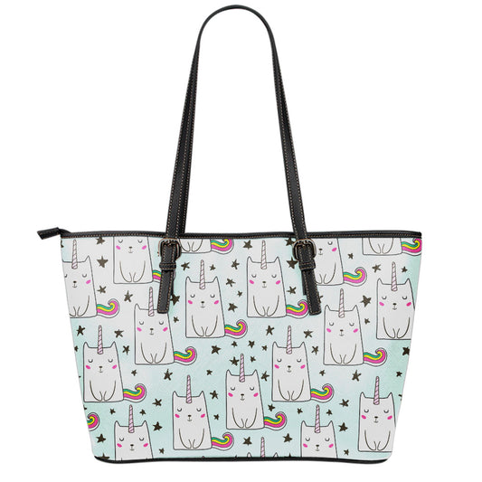 Cute Unicorn Cat Pattern Print Leather Tote Bag