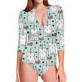 Cute Unicorn Cat Pattern Print Long Sleeve Swimsuit