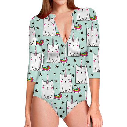 Cute Unicorn Cat Pattern Print Long Sleeve Swimsuit
