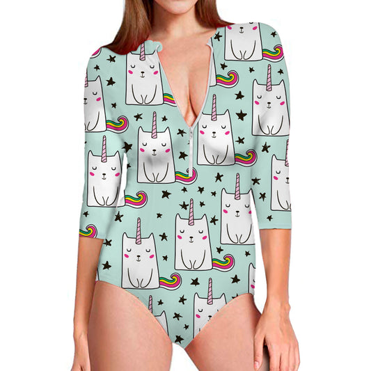 Cute Unicorn Cat Pattern Print Long Sleeve Swimsuit