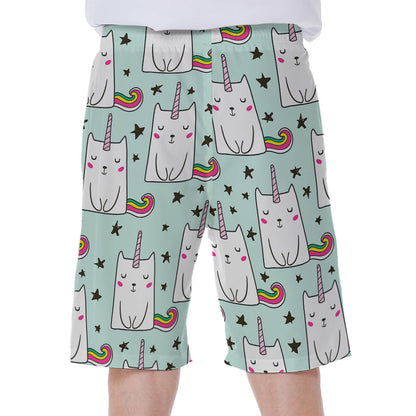 Cute Unicorn Cat Pattern Print Men's Beach Shorts