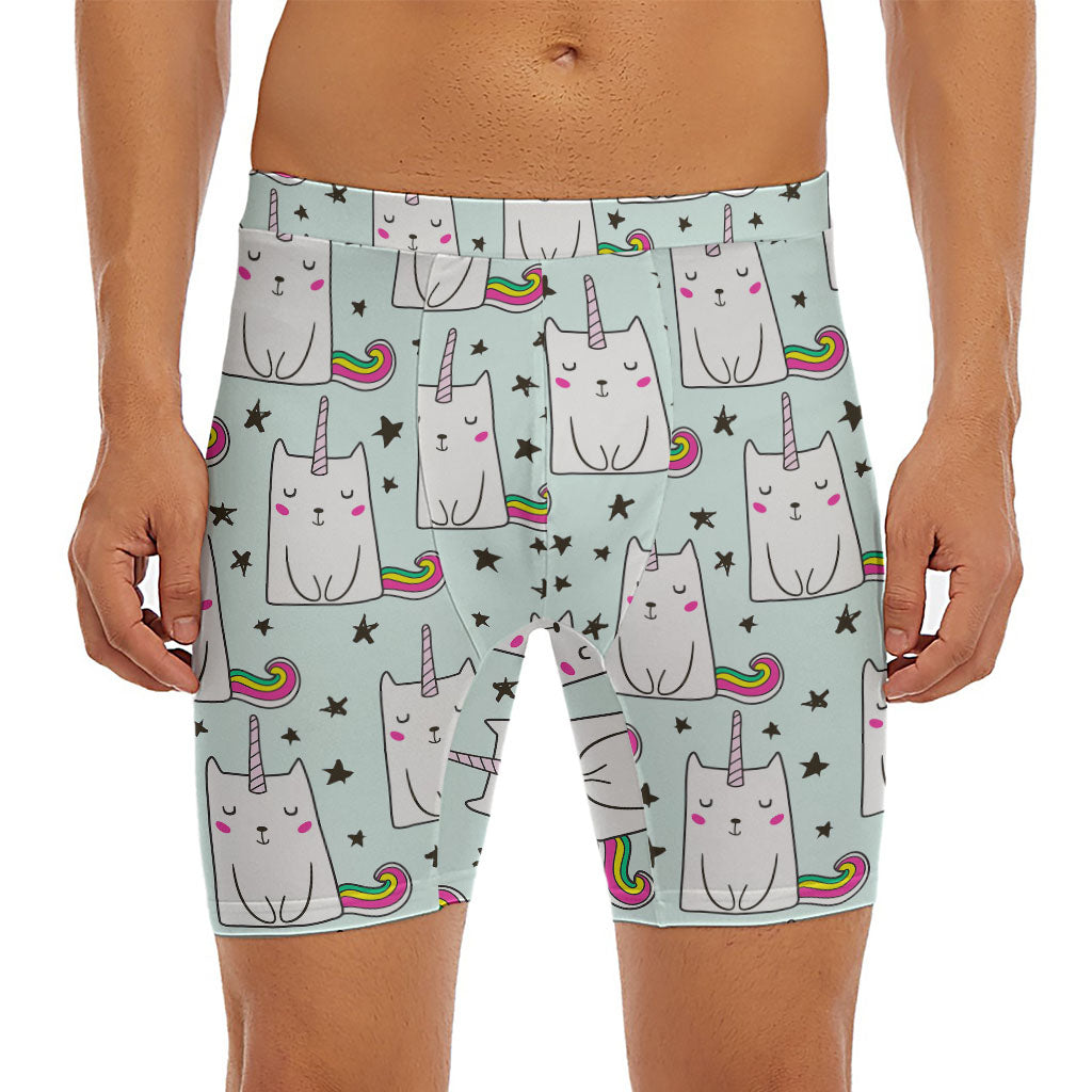 Cute Unicorn Cat Pattern Print Men's Long Boxer Briefs