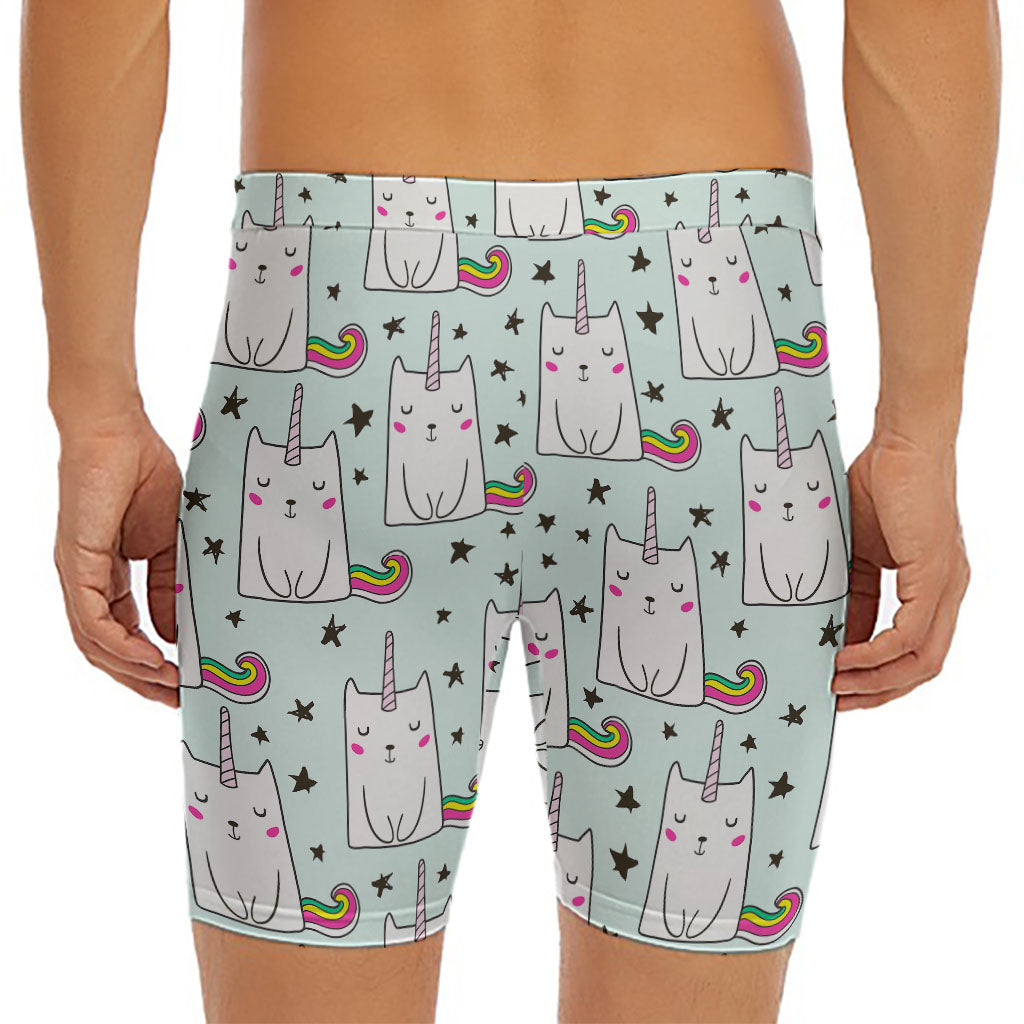 Cute Unicorn Cat Pattern Print Men's Long Boxer Briefs