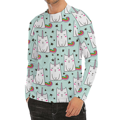 Cute Unicorn Cat Pattern Print Men's Long Sleeve Rash Guard