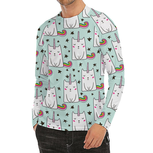 Cute Unicorn Cat Pattern Print Men's Long Sleeve Rash Guard