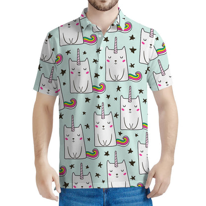 Cute Unicorn Cat Pattern Print Men's Polo Shirt