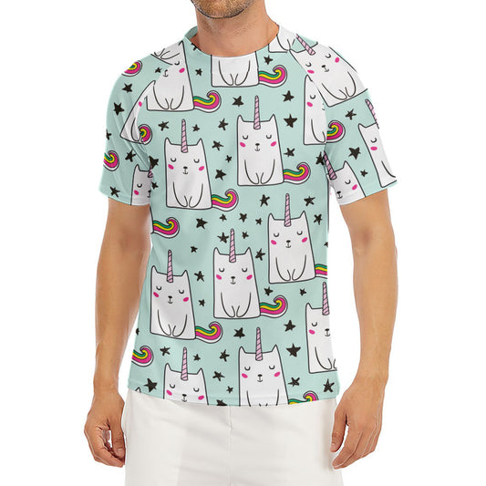 Cute Unicorn Cat Pattern Print Men's Short Sleeve Rash Guard