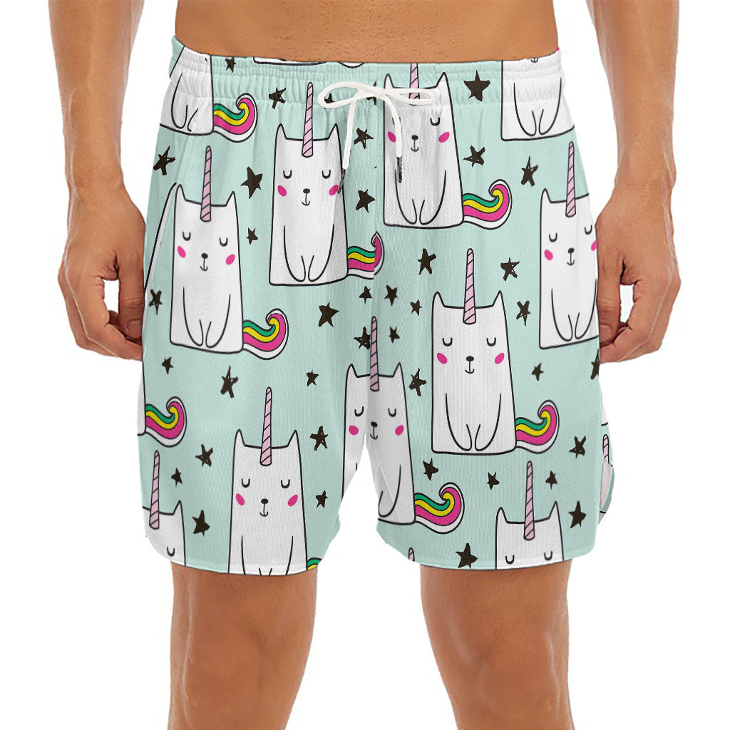 Cute Unicorn Cat Pattern Print Men's Split Running Shorts