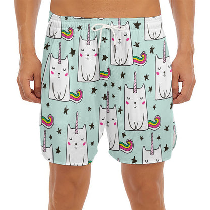 Cute Unicorn Cat Pattern Print Men's Split Running Shorts