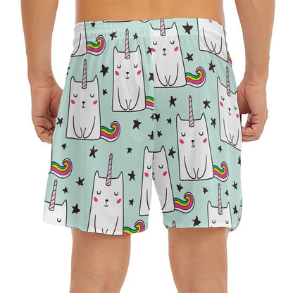 Cute Unicorn Cat Pattern Print Men's Split Running Shorts