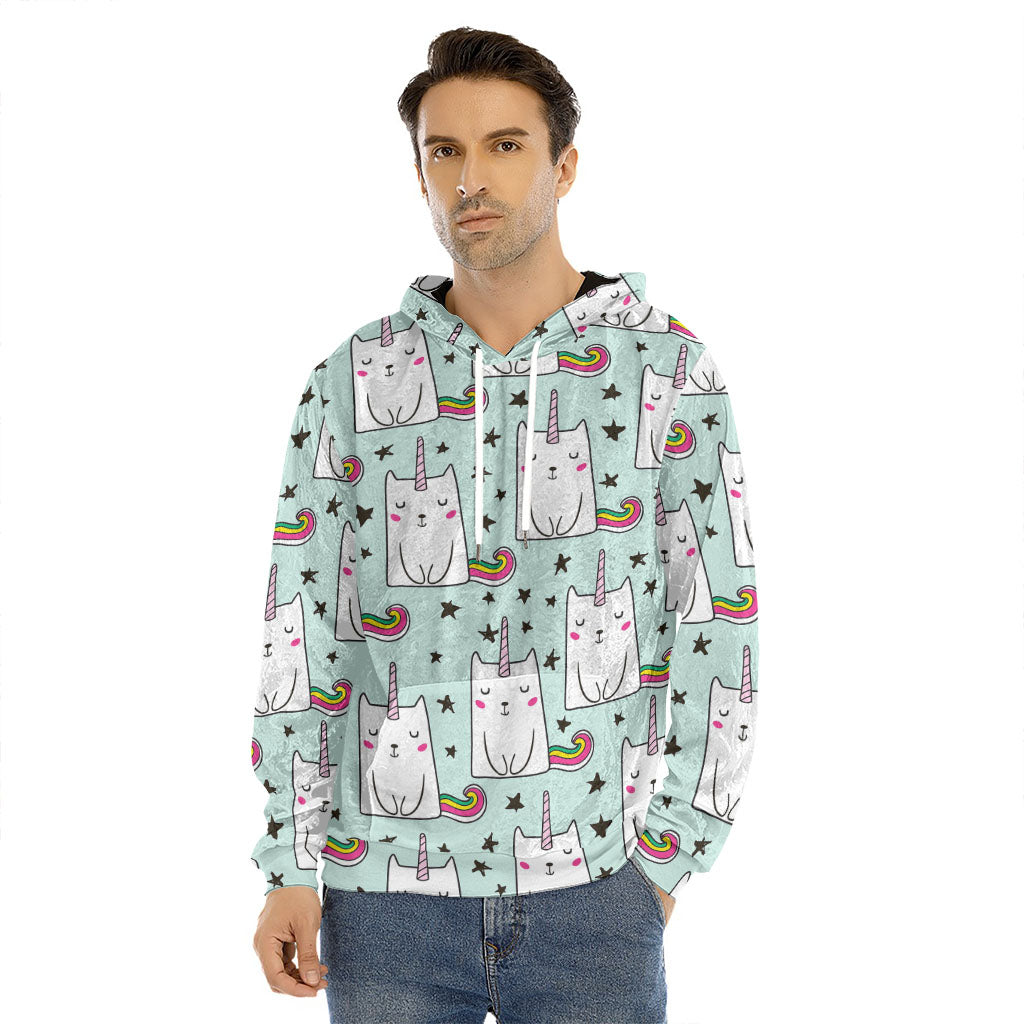 Cute Unicorn Cat Pattern Print Men's Velvet Pullover Hoodie