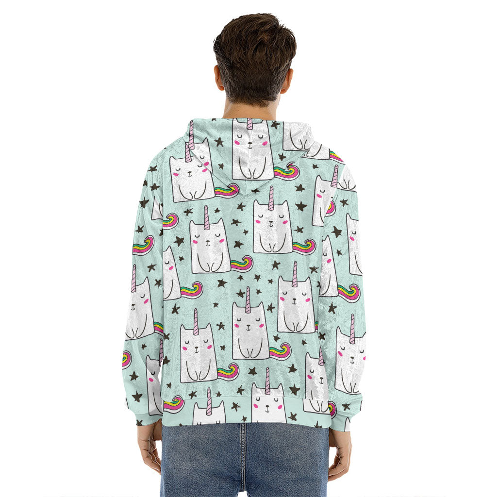 Cute Unicorn Cat Pattern Print Men's Velvet Pullover Hoodie
