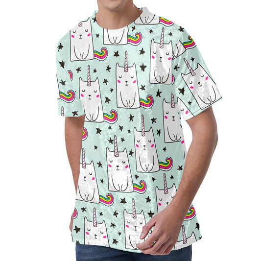 Cute Unicorn Cat Pattern Print Men's Velvet T-Shirt