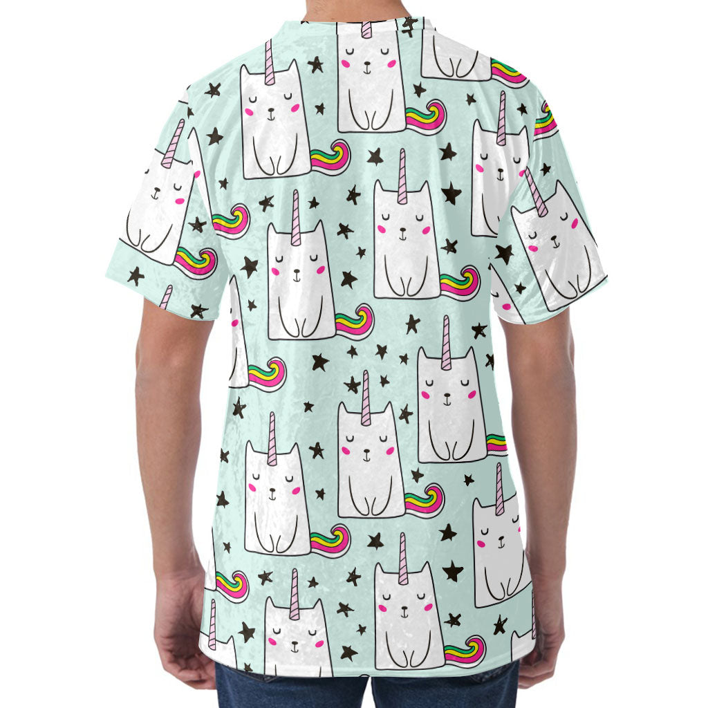 Cute Unicorn Cat Pattern Print Men's Velvet T-Shirt