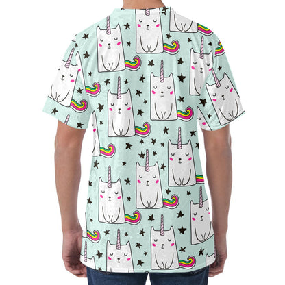 Cute Unicorn Cat Pattern Print Men's Velvet T-Shirt