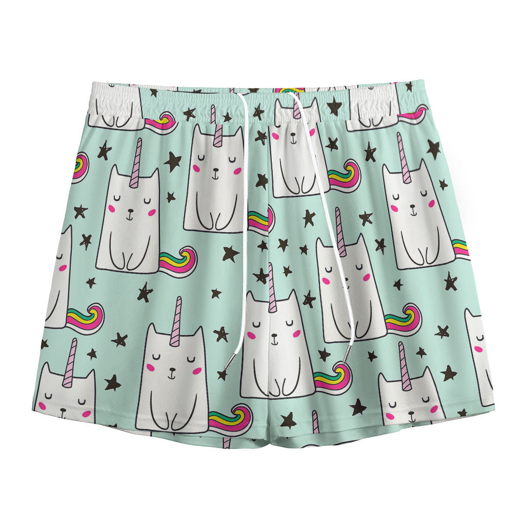 Cute Unicorn Cat Pattern Print Mesh Shorts