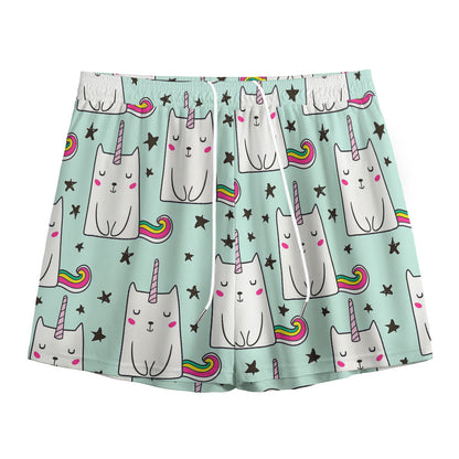 Cute Unicorn Cat Pattern Print Mesh Shorts