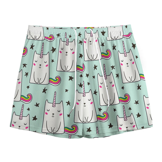 Cute Unicorn Cat Pattern Print Mesh Shorts
