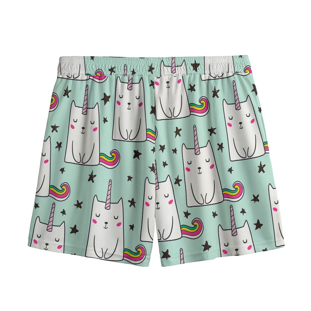 Cute Unicorn Cat Pattern Print Mesh Shorts