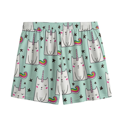 Cute Unicorn Cat Pattern Print Mesh Shorts