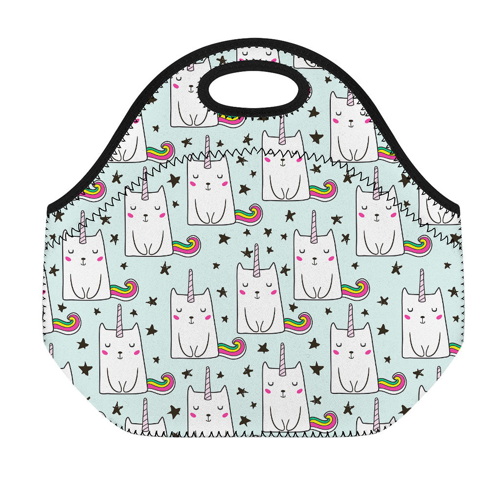 Cute Unicorn Cat Pattern Print Neoprene Lunch Bag