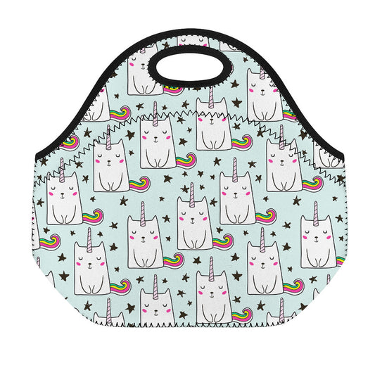 Cute Unicorn Cat Pattern Print Neoprene Lunch Bag