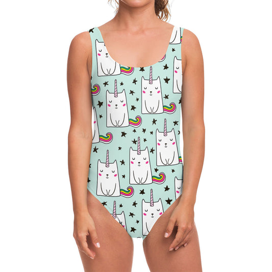 Cute Unicorn Cat Pattern Print One Piece Swimsuit