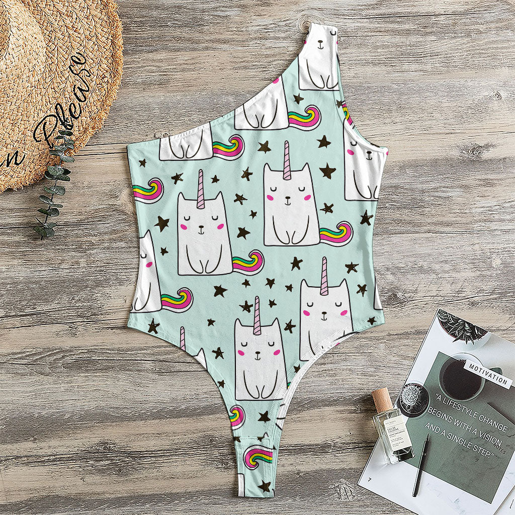 Cute Unicorn Cat Pattern Print One Shoulder Bodysuit